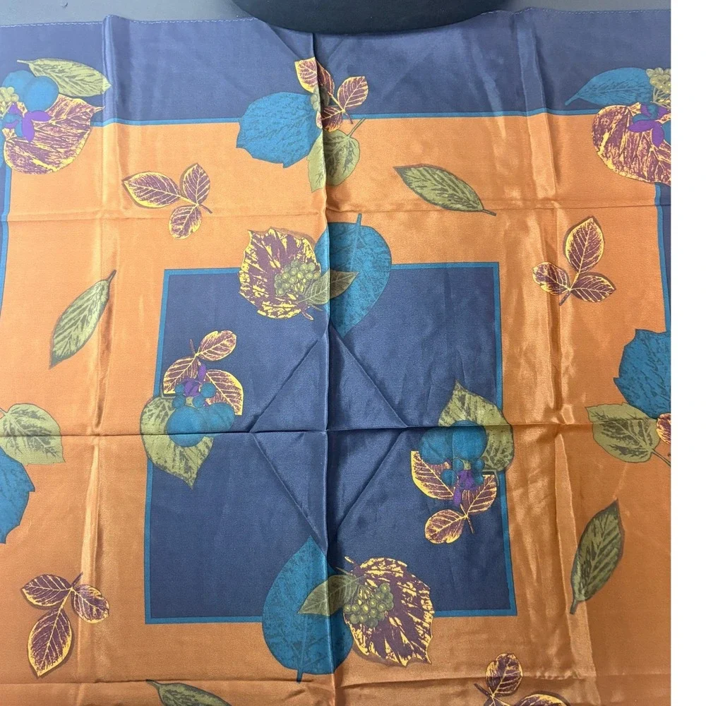Liz Claiborne Silk Scarf Navy Copper Teal Leaf‎ Berry Print Square 31x31 Vintage